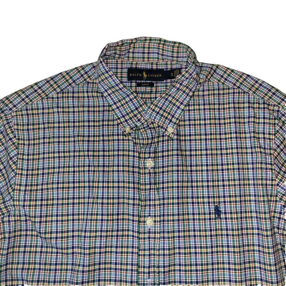 Ralph Lauren Shirt Mens XL Slim Fit Long Sleeve Blue Green Plaid Button-Down